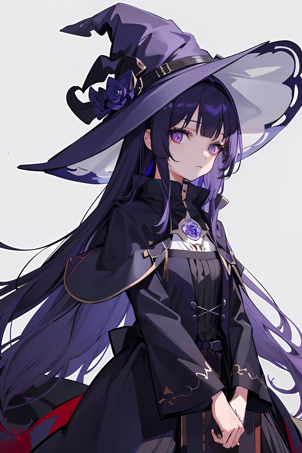 1 girl,witch, solo, long hair, (((witch attire))) , (((witch hat))) , masterpiece, perfect composition, detailed, detailed character, purple eyes, blunt bangs, dark blue hair, beautiful face, really beautiful face.