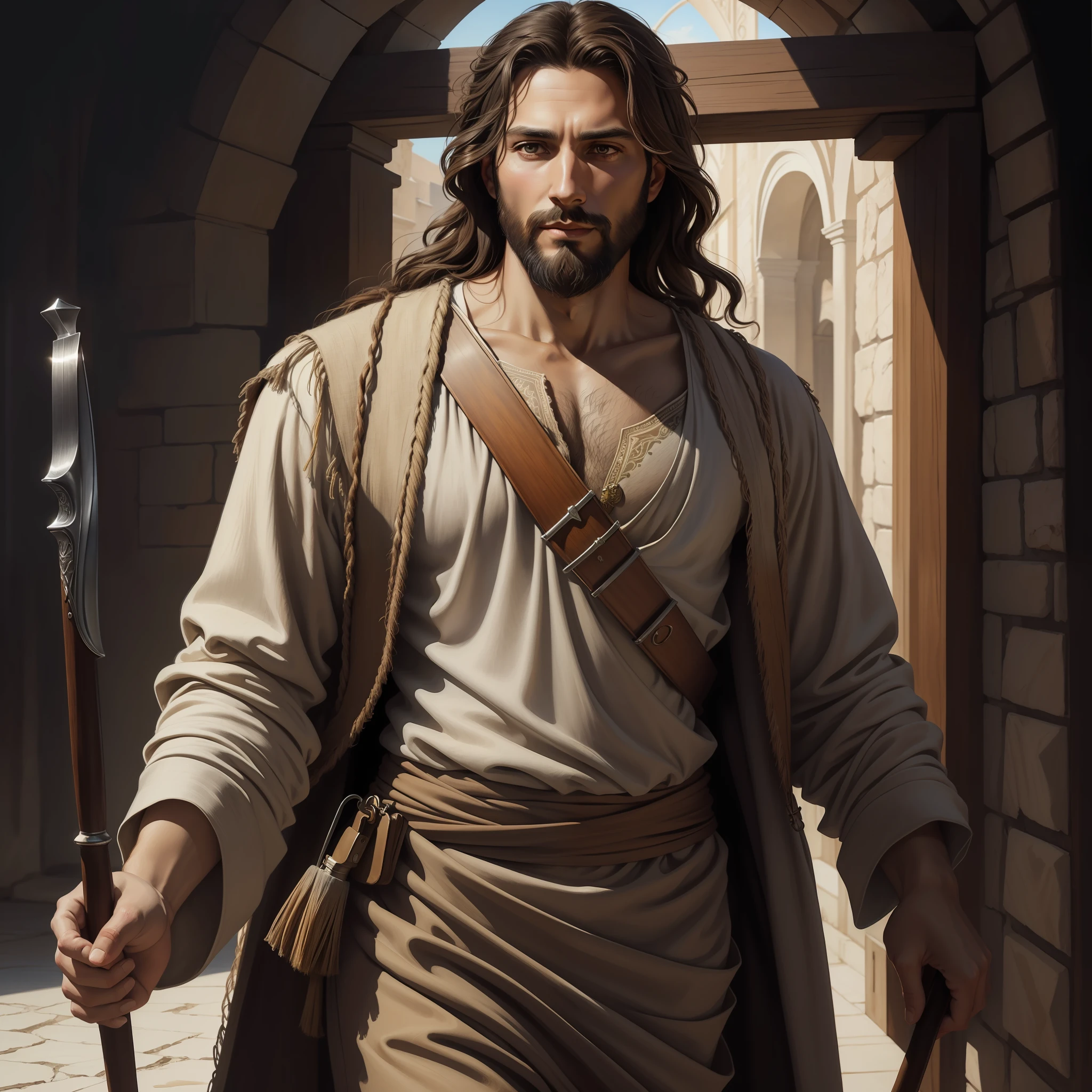 A beautiful ultra-thin realistic portrait of Jesus, the prophet, a man 3 Hebrew brunette, short brown hair, long brown beard, with staff in hand, wearing long linen tunic closed on the chest part, in front view, full body, biblical, realistic,by Diego Velázquez,Peter Paul Rubens,Rembrandt,Alex Ross,8k, Concept Art, PhotoRealistic, Realistic,  Illustration, Oil Painting, Surrealism, HyperRealistic, brush brushes, Digital art, style, watercolor