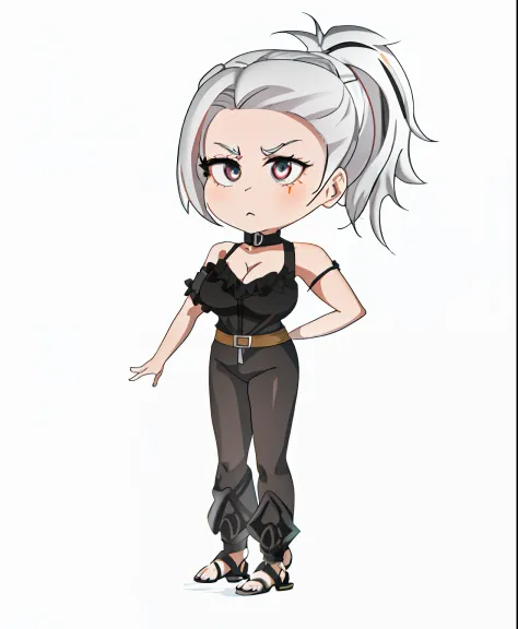 Cartoon drawing of a woman with white hair and a black blouse, Tifa Lockhart with white hair, anya from spy x family, female anime character, full body adoptable, anime figure, anime style character, Silver hair (pony tails), Single character full body, an...