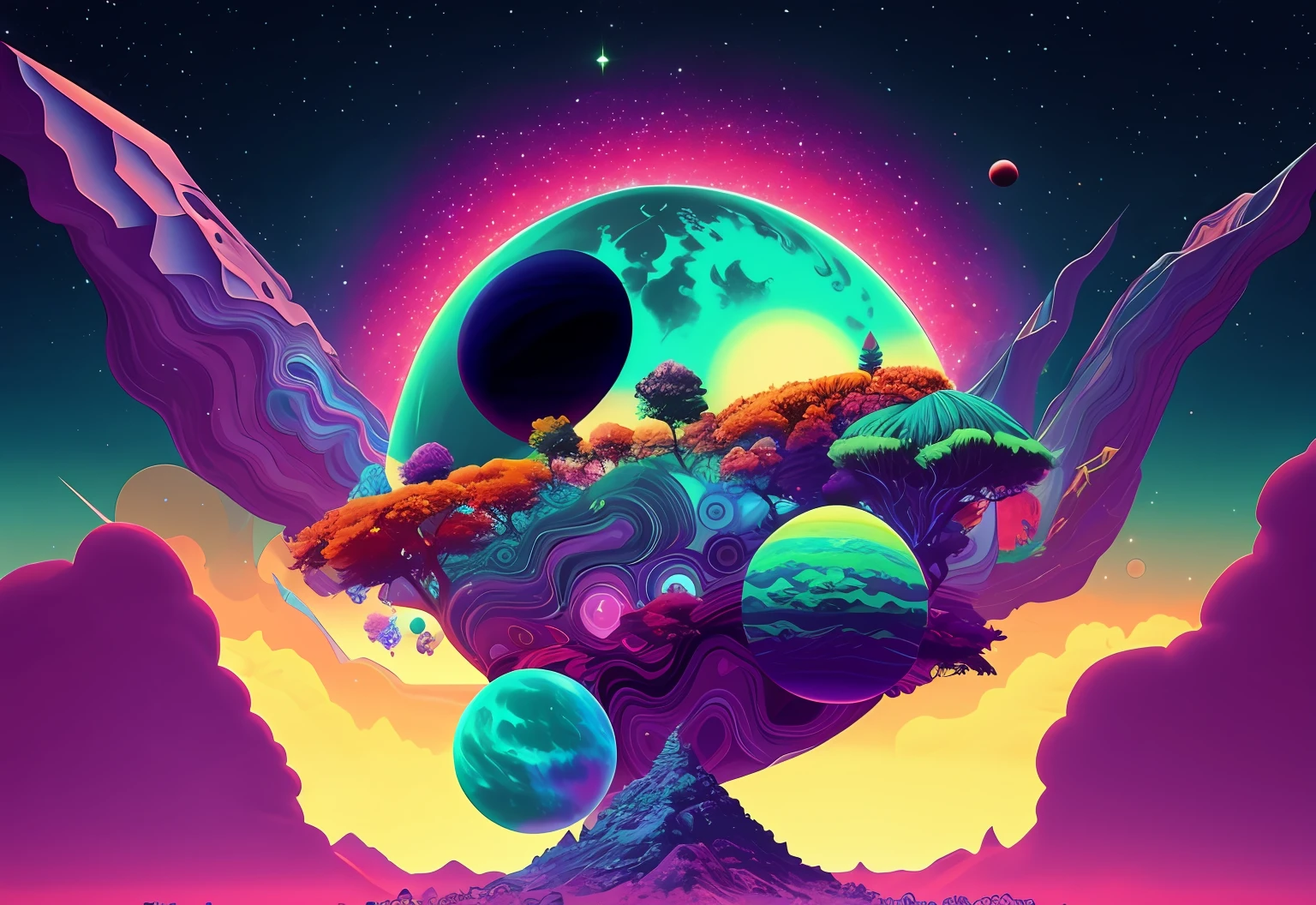 A colorful psychedelic landscape with a tree and planets, Jen Bartel ...