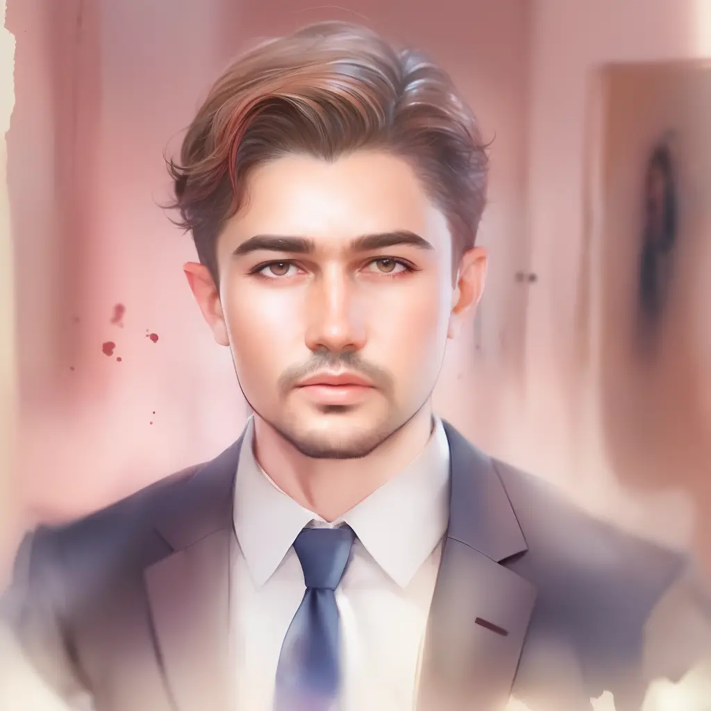(a watercolor and pencil drawing of an incredibly handsome 25-year-old lawyer with short dark brown hair, labios vermelhos