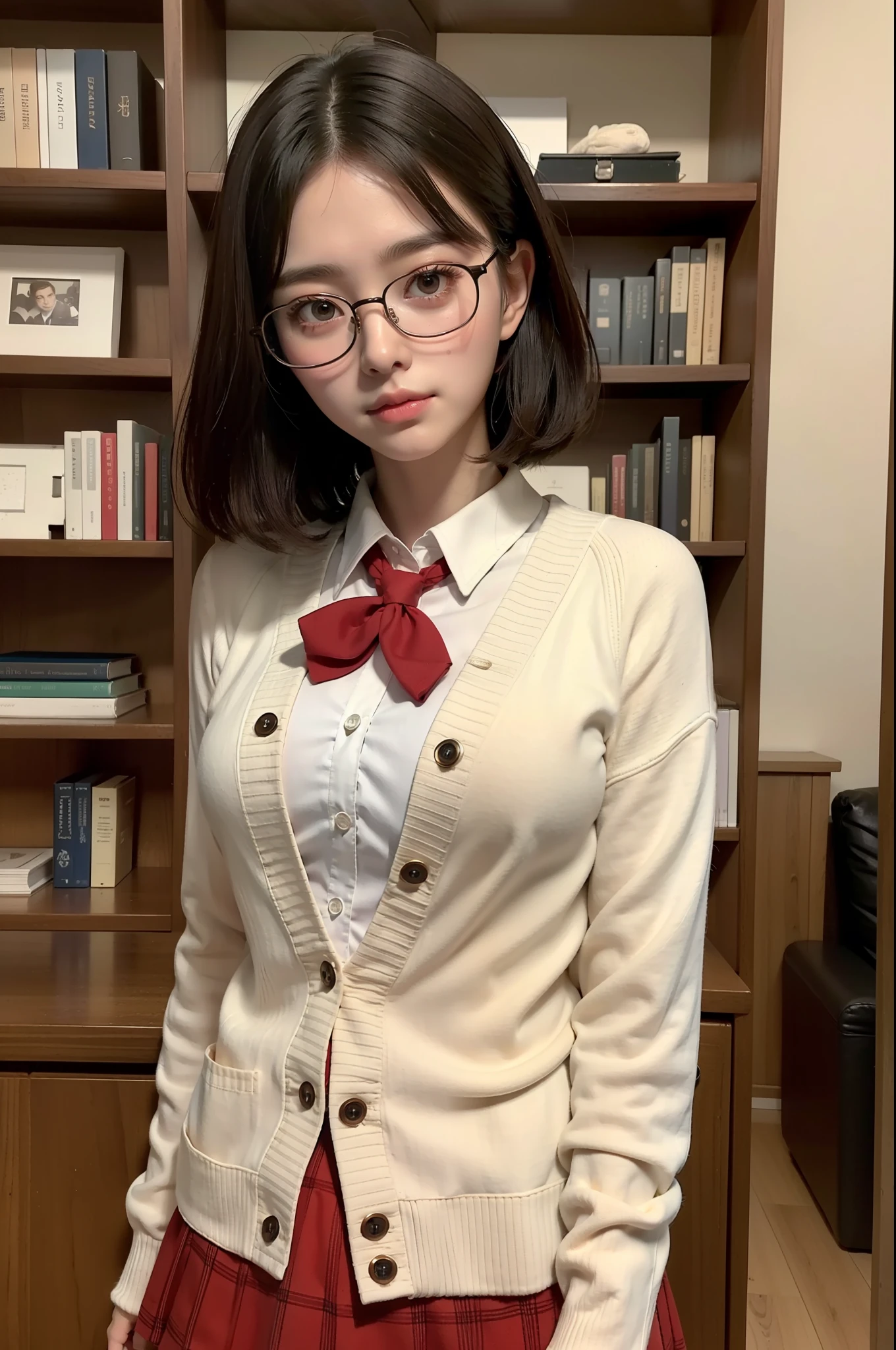 Photo Real、photoRealstic　Dark hair、Short hair、Curled Hair、bangss　drooing eyes、with round face、Plump cheeks、Puffy cheeks、small mouth　eye glasses、Round glasses、Large glasses、Black-rimmed glasses、校服、White shirt、Red tie、Beige cardigan、Red skirt、a short skirt　hi-school girl、sixteen years old、skinny  body、C cup breasts、Soft thighs　Faces close、Staring at this、Grab your own chest wide、Leaning against the bookshelf、Blushing　Background with、bookcase、Timber wall、wood floor、Dark place