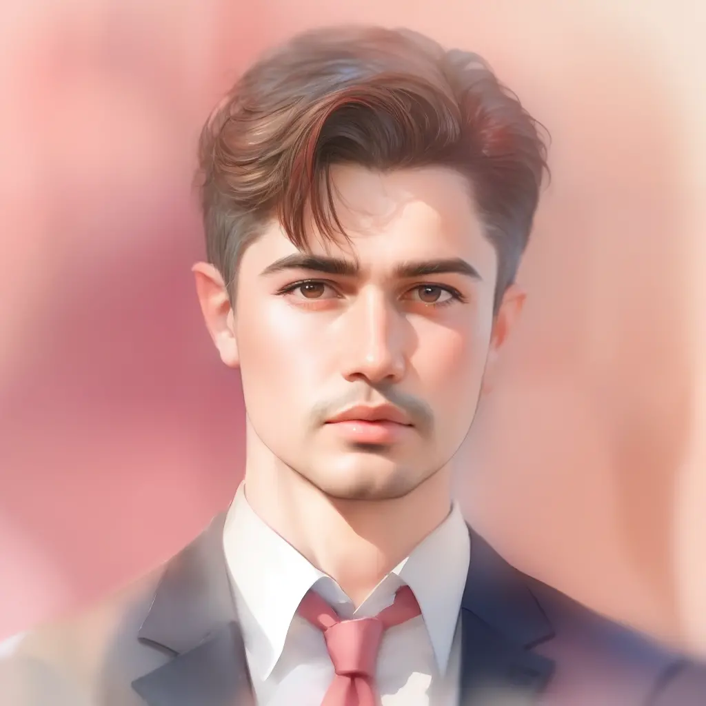 (a watercolor and pencil drawing of an incredibly handsome 25-year-old lawyer with short dark brown hair, labios vermelhos