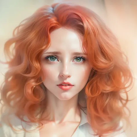 (a watercolor and pencil drawing of an incredibly beautiful 25-year-old woman with wavy red hair, red-lips, olhos cor de mel, se...