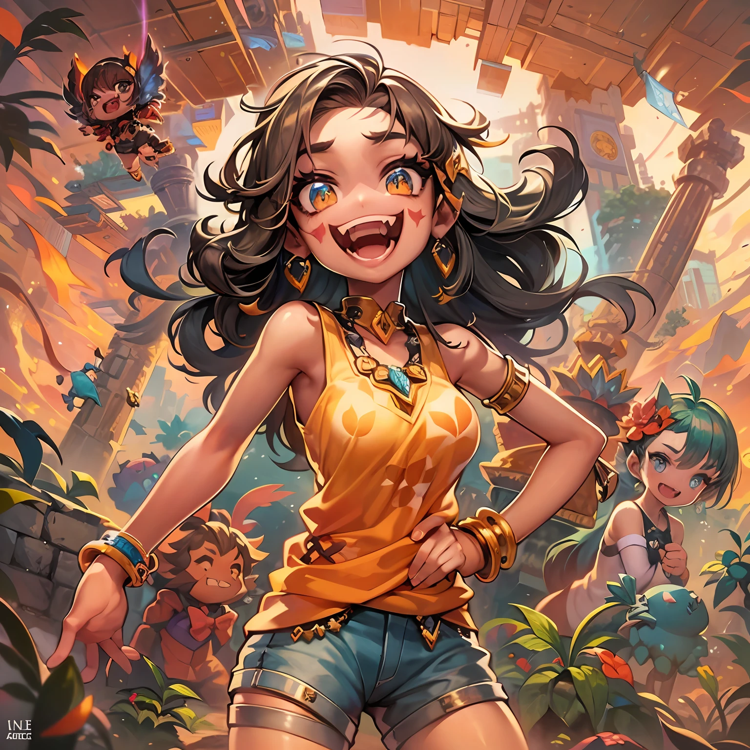 Generate a detailed AI illustration of an impish and cheeky female character with charmingly pronounced fangs, enthusiastically raising both hands in the air with unbridled excitement. The character exudes a playful mischievousness, embodying the essence of a young and spirited imp. She is dressed in a stylish tank top, complemented by trendy shorts that perfectly capture her energetic and carefree nature. Additionally, she wears fingerless gloves, adding a touch of edginess to her outfit.

The artwork should showcase a captivating level of detail, highlighting the character's distinct features, such as her mischievous grin and the alluring glint in her eyes. The composition should convey her dynamic and celebratory pose, as if she's reveling in a moment of joy or triumph. The use of vibrant colors and skillful shading will bring the illustration to life, accentuating the character's vivacious personality and adding depth to her impish charm. Overall, the illustration should strike a perfect balance between lively playfulness and alluring charm, making it an engaging and delightful piece of art.