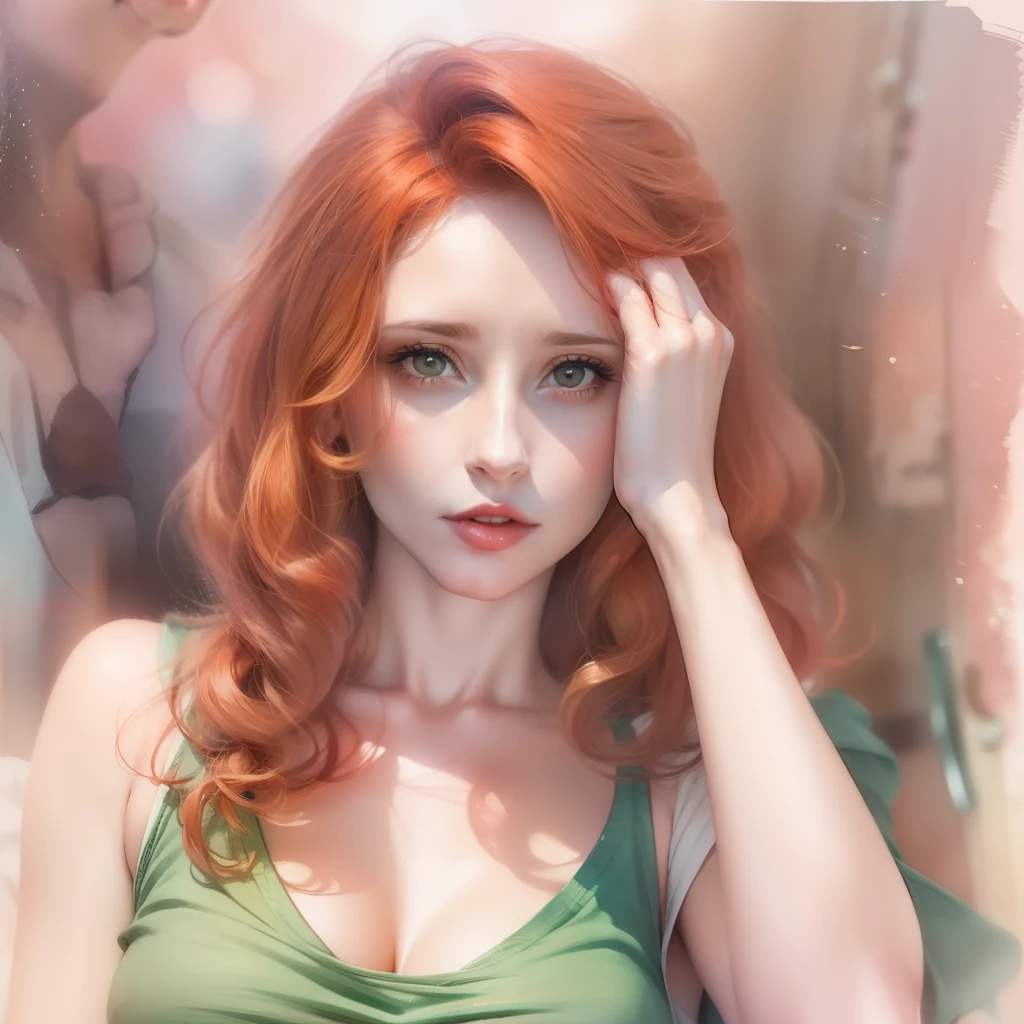 (a watercolor and pencil drawing of an incredibly beautiful 25-year-old woman with wavy red hair, red-lips, olhos cor de mel, sexy, corpo magro em forma