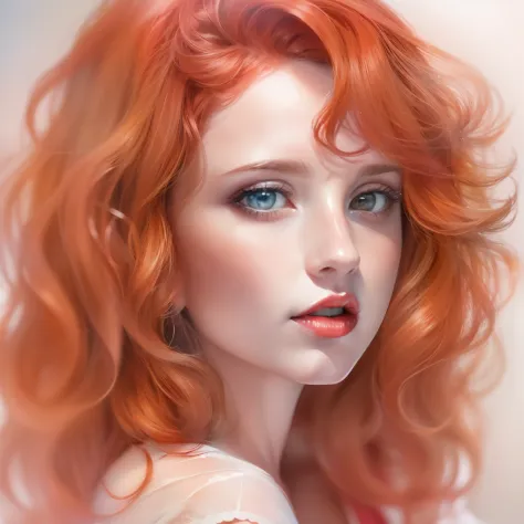 (a watercolor and pencil drawing of an incredibly beautiful 25-year-old woman with wavy red hair, red-lips, olhos cor de mel, se...