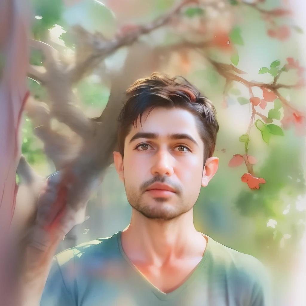 (a watercolor and pencil drawing of a 31-year-old man with short dark brown hair, red-lips, olhos castanhos, corpo inteiro, corpo magro em forma, cores vivas, background with blue sky and trees