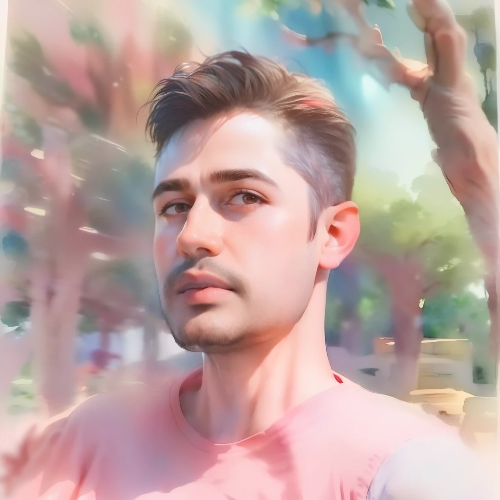 (a watercolor and pencil drawing of a 31-year-old man with short dark brown hair, red-lips, olhos castanhos, corpo inteiro, corpo magro em forma, cores vivas, background with blue sky and trees