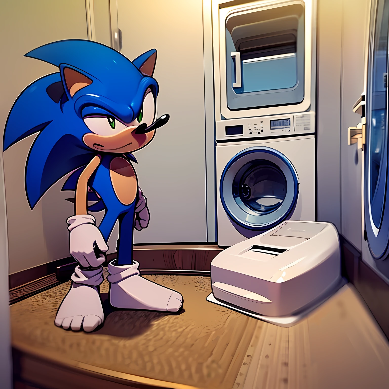 Sonic the hedgehog, laundry background, washing machine on the side of Sonic The Hedgehog, seated in a chair, chair on the side of the washing machine, Sonic The Hedgehog Without Shoes, no gloves, wearing white socks on their feet, ultra detaild, well done, Perfect Anatomia, waiting, holding a newspaper, Reading the newspaper, 2d