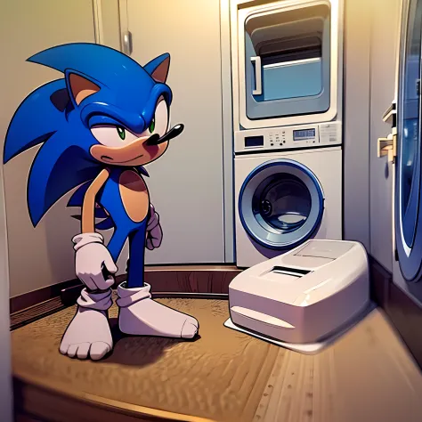 sonic the hedgehog, fundo de lavanderia, washing machine on the side of sonic the hedgehog, sentado em uma cadeira, chair on the...