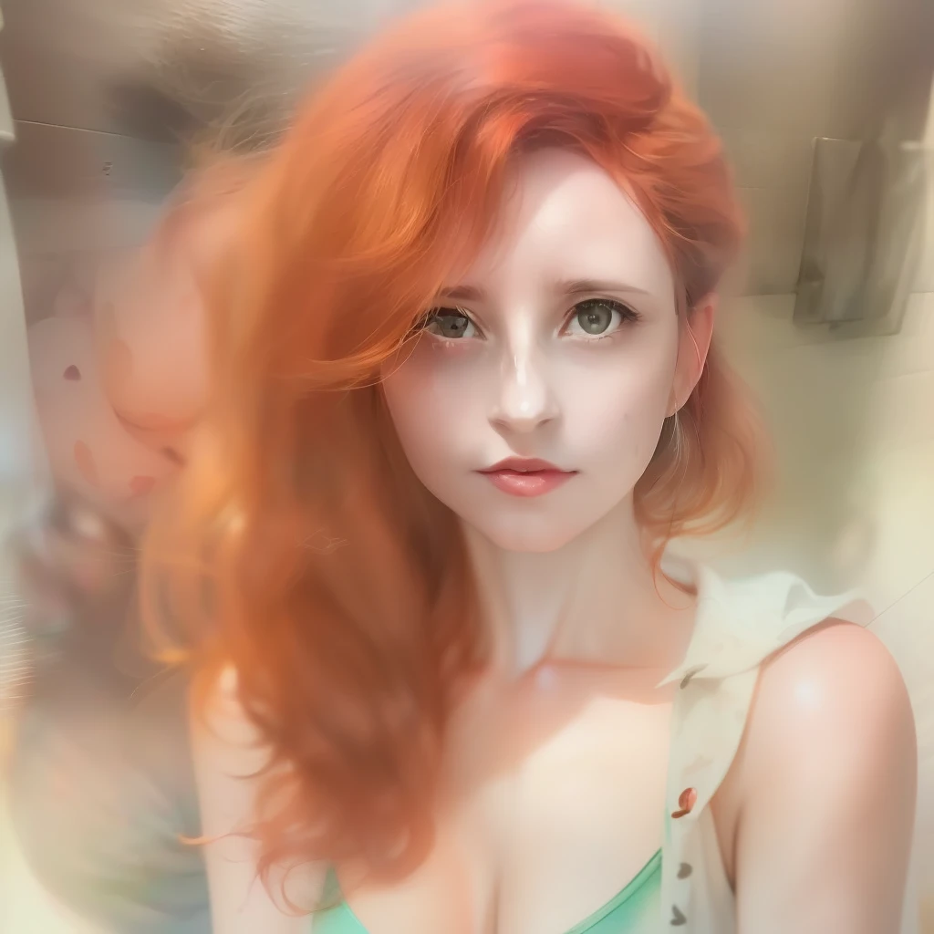 (a watercolor and pencil drawing of an incredibly beautiful 25-year-old woman with wavy red hair, red-lips, olhos cor de mel, sexy, corpo magro em forma