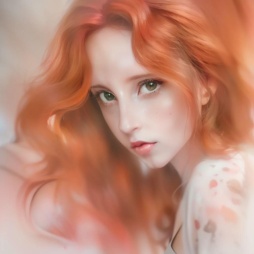 (a watercolor and pencil drawing of an incredibly beautiful 25-year-old woman with wavy red hair, red-lips, olhos cor de mel, sexy, corpo magro em forma