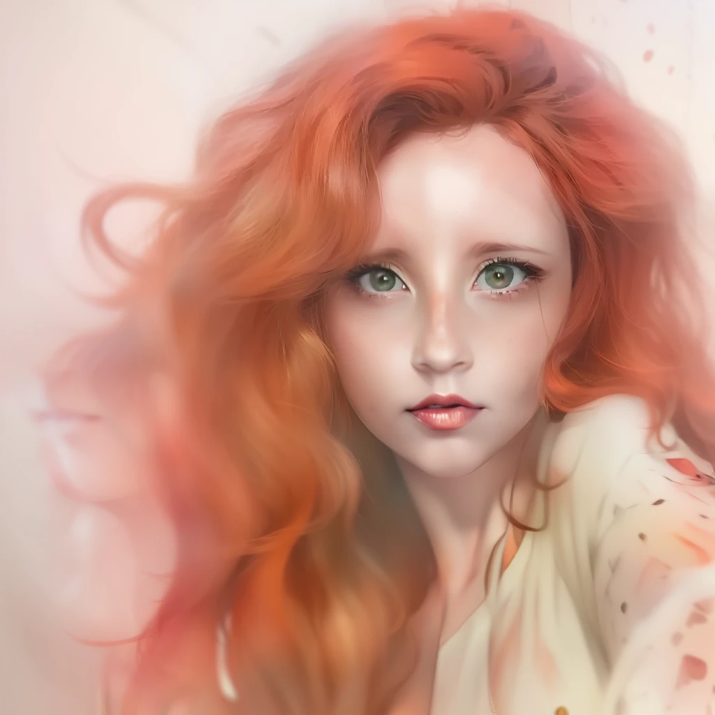 (a watercolor and pencil drawing of an incredibly beautiful 32-year-old woman with wavy red hair, red-lips, olhos cor de mel, sexy, corpo magro