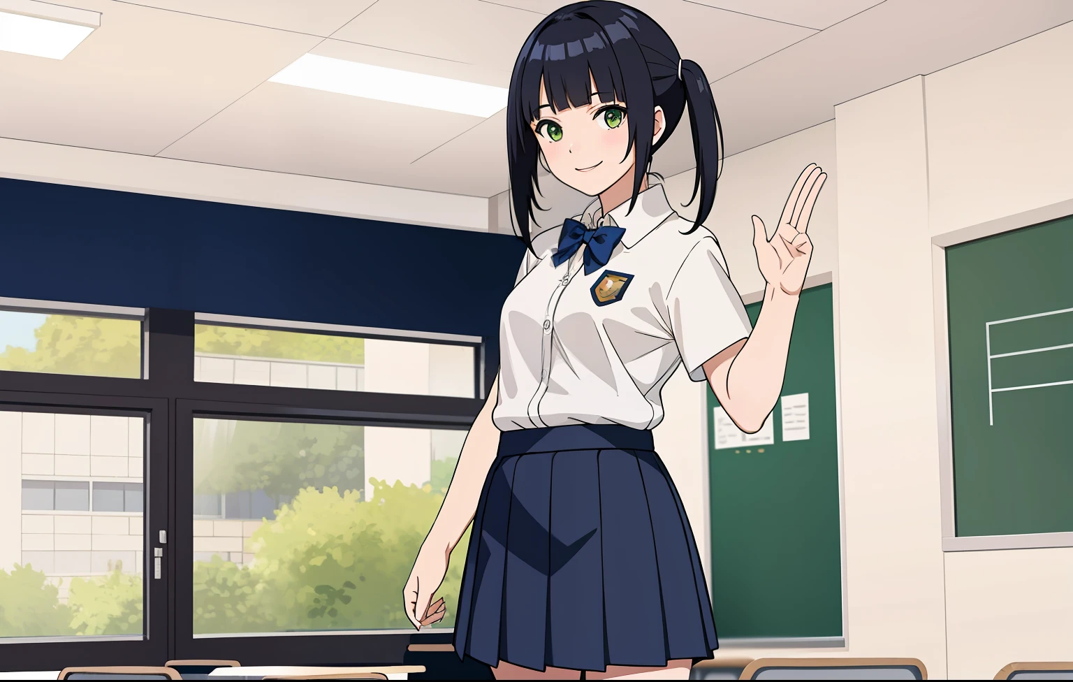 masterpiece, happy, smiling, school uniform, very short blue skirt, best quality, 1girl, standing in front of viewer, view from front, short black hair, twin tail hairstyle, green eyes, small breasts, happy, in classroom, full body