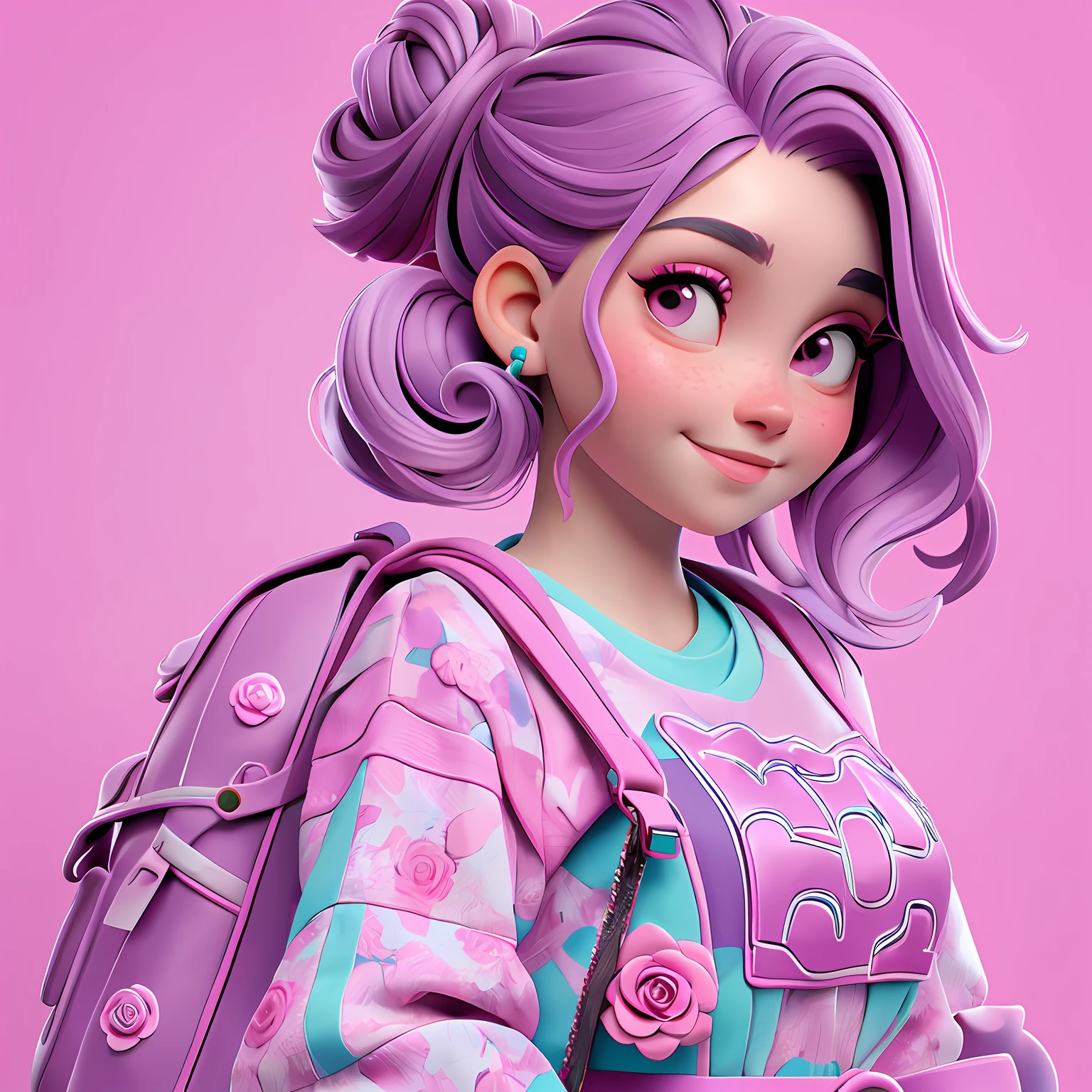 uma menina jovem, Your hair is stuck in a double bun, tom preto com mechas rosas, roupas leves, mochila, livros, corpo inteiro, The background is filled with a pastel shade, evoking a sense of lightness and happiness.