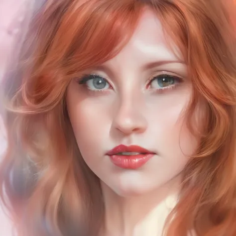 a watercolor and pencil drawing of a beautiful 28-year-old secretary with wavy dark red hair, delicate lips, olhos cor de mel, r...