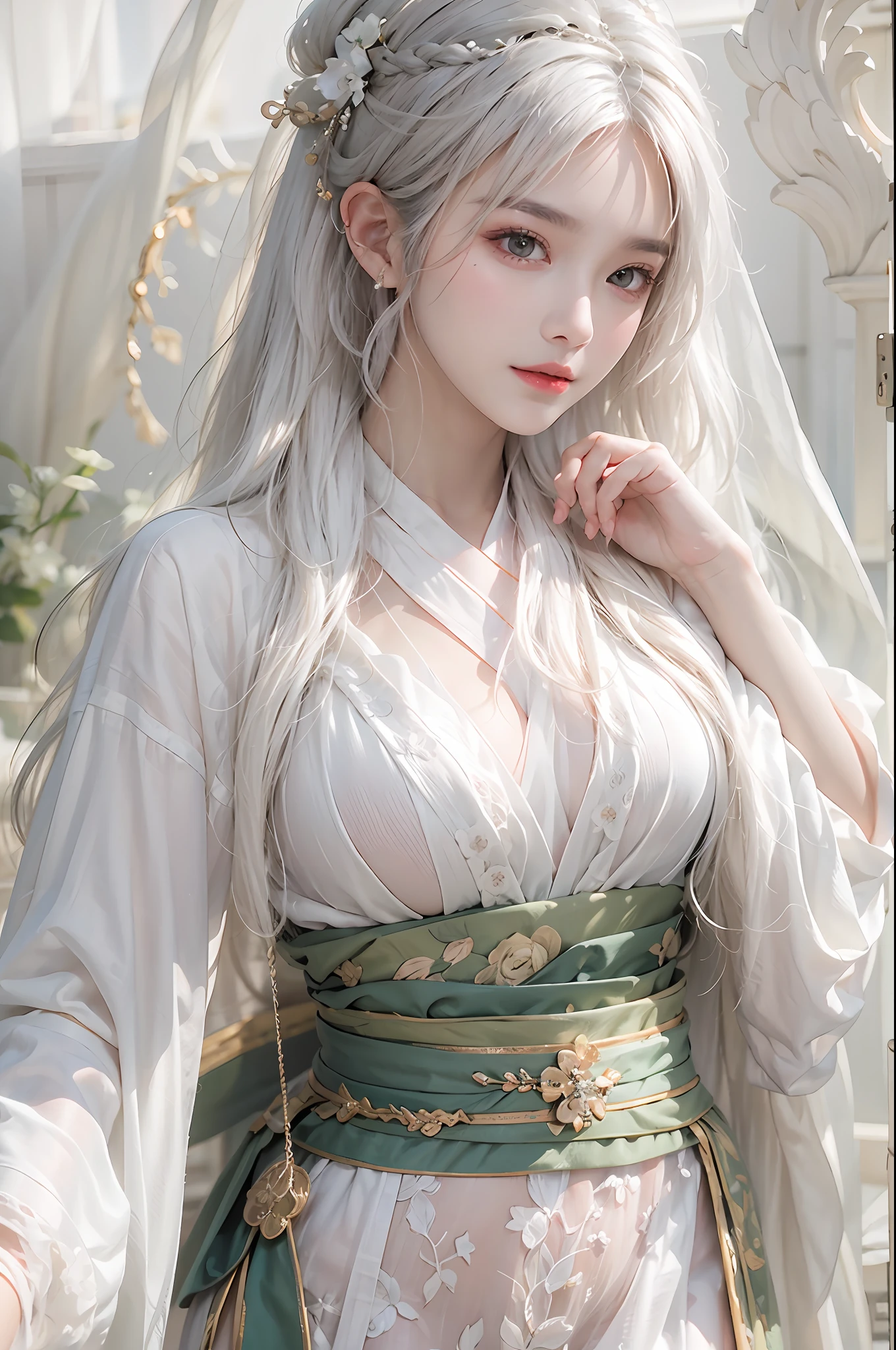 photorealistic, high resolution, soft lights, 1women, shiny skin, finely detailed skin, solo, hips up, look at viewer, (detailed face), white hair, long hair, wedding hanfu