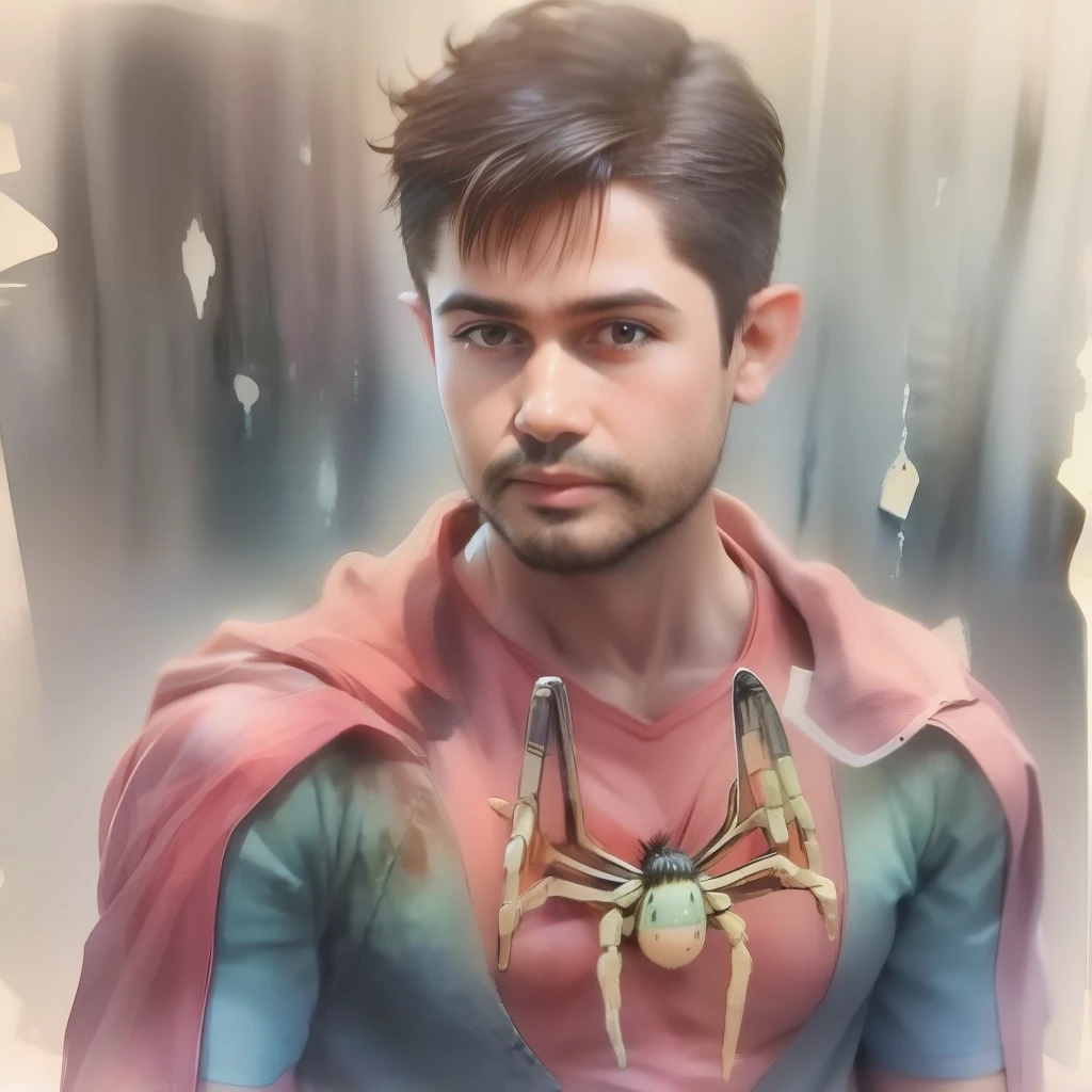 A watercolor and pencil drawing of a man in a 31-year-old standing Spider-Man outfit with short dark brown hair, rosto sexy, olhos castanhos, barba aparada, corpo inteiro, corpo magro em forma, cores frias, fundo noite com chuva