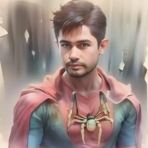 A watercolor and pencil drawing of a man in a 31-year-old standing Spider-Man outfit with short dark brown hair, rosto sexy, olh...