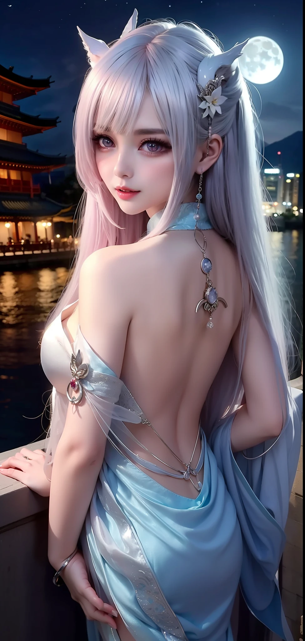 beautiful  Girl，Bare back，back Lighting，There is a Chinese dragon tattoo on the back，Silver bracelet，Long hair shawl，River side，the night，Moon，Big eyes close-up，Upper body photo