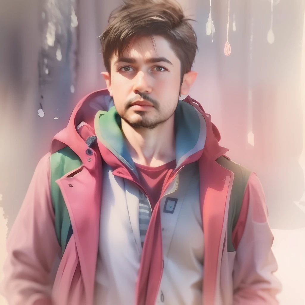 A watercolor and pencil drawing of a man in a 28-year-old Spider-Man outfit with short dark brown hair, serious face, olhos castanhos, barba aparada, corpo inteiro, corpo magro em forma, cores frias, fundo noite com chuva