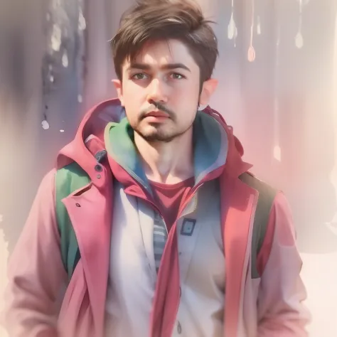 a watercolor and pencil drawing of a man in a 28-year-old spider-man outfit with short dark brown hair, serious face, olhos cast...