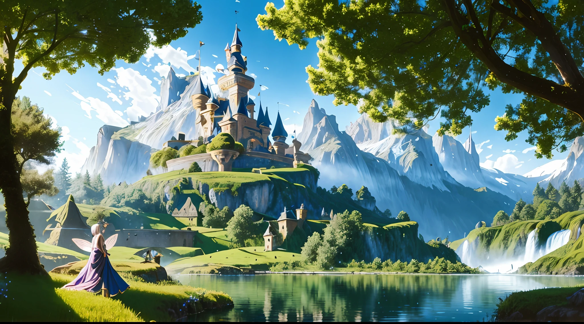 (fairy tale world), castles, floating island waterfalls, all kinds of magical creatures. Beautiful fairies, knights, elves, dwarfs. Mysterious forests, enchanted castles, fabulous kingdoms. Realism, chiaroscuro, cinematic lighting, 135mm, panorama, best quality, high details, UHD, masterpiece