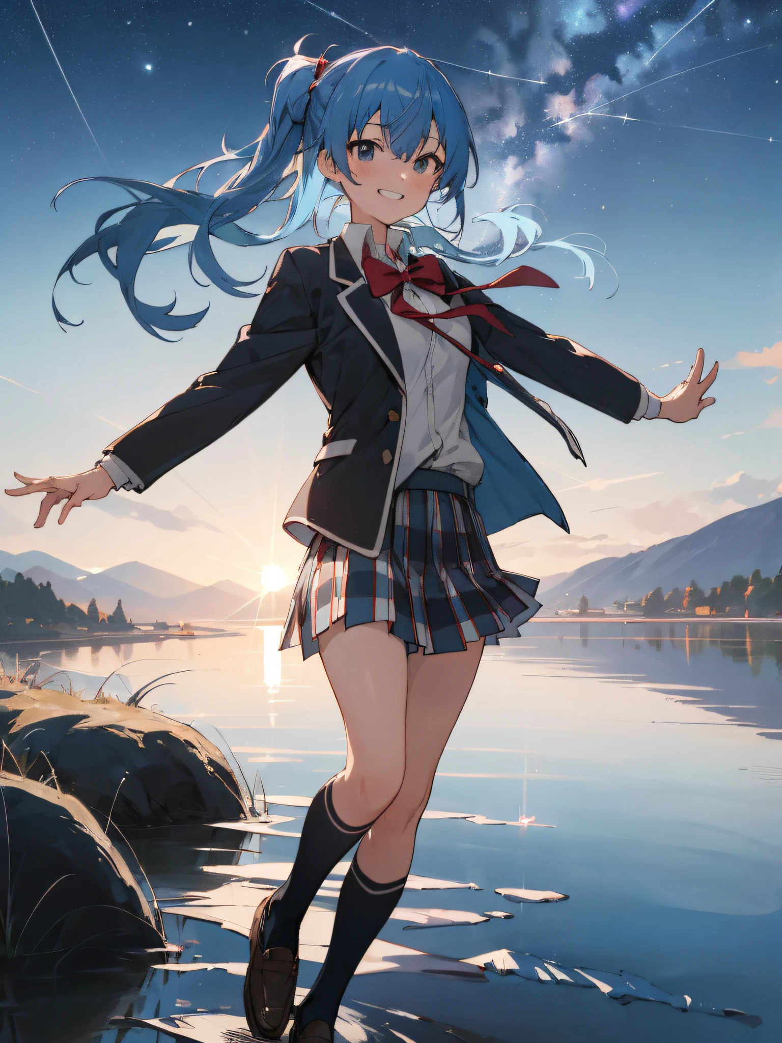 ((masterpiece,best quality)),1girl, blue hair, starry sky, lake, night sky, looking at viewer, grin, mountain, hoshimachi suisei, sobu high school uniform, black blazer, open jacket, white shirt, plaid skirt, red bow tie, black socks, over knee socks, loafer, side pony tail, dark blue eyes