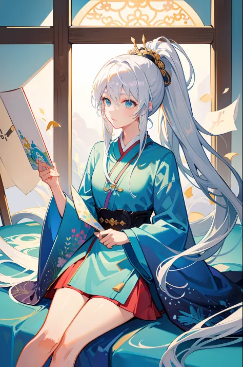 , (Masterpiece: 1.2, High Quality), Ultra High Quality, 8K, Scattering Confetti, (pixiv: 1.4), Gombi painting of the Song Dynasty, (Silver ponytail)