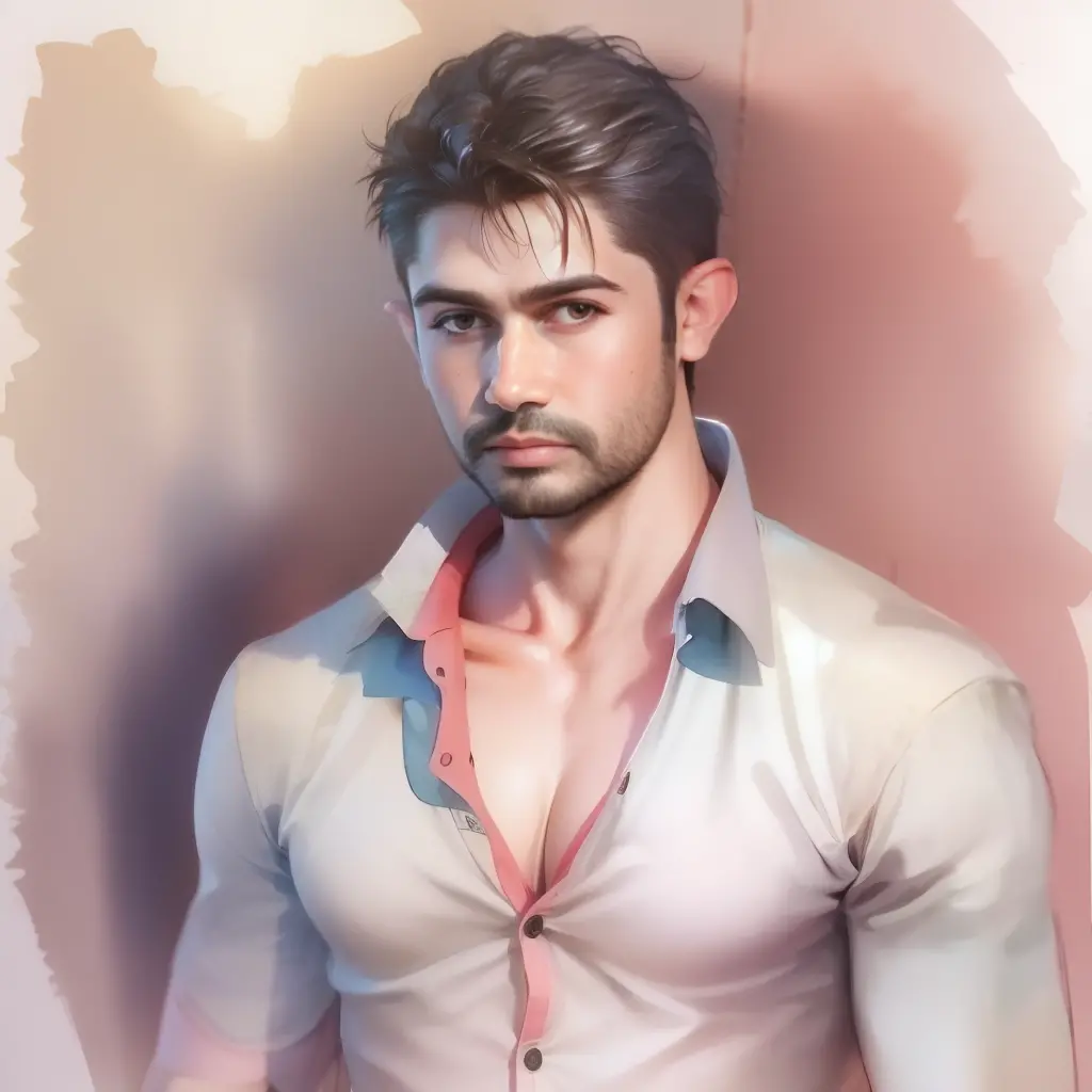 a watercolor and pencil drawing of a 31-year-old standing vampire with short dark brown hair, rosto sexy, olhos castanhos, barba...