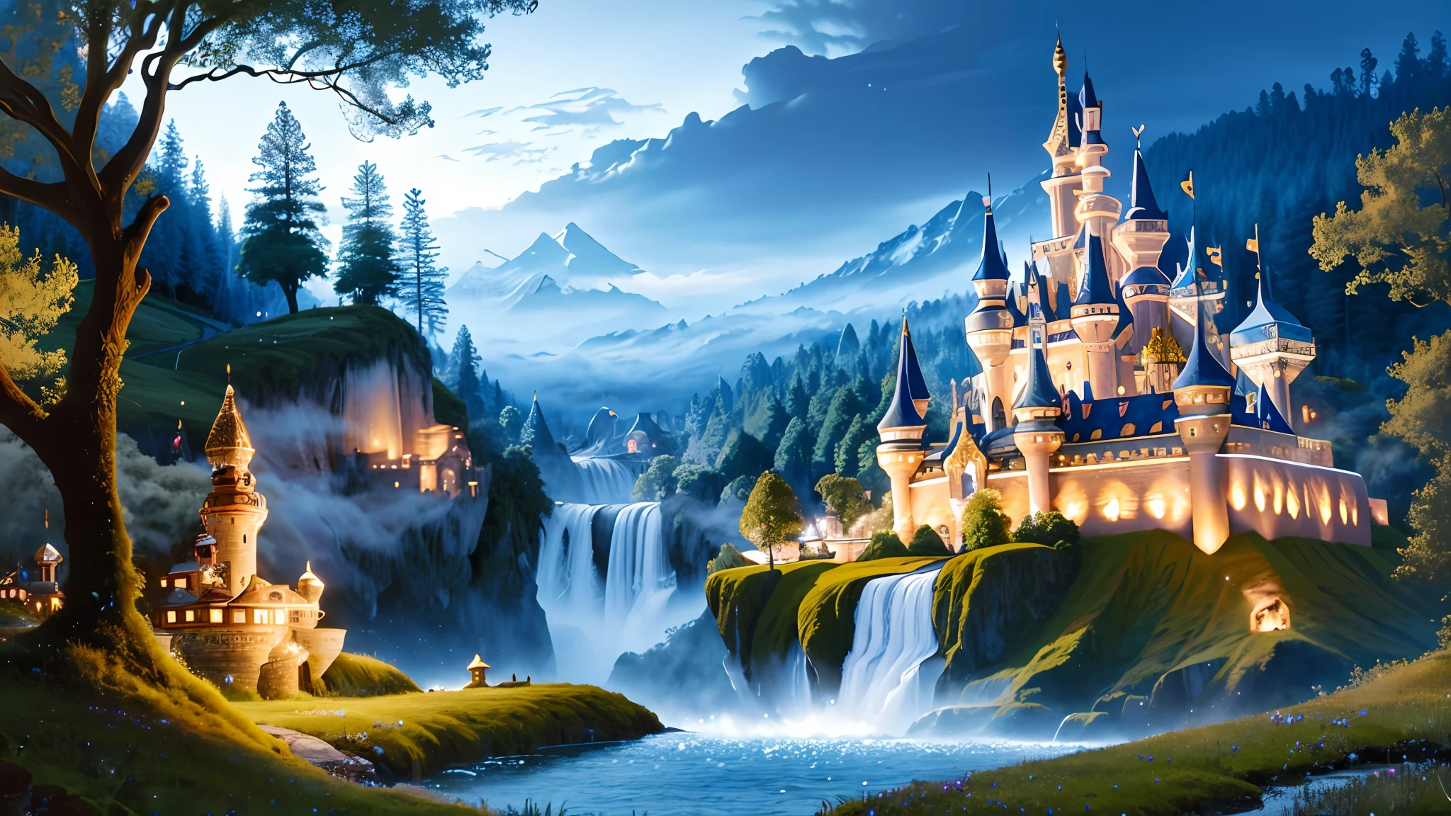 (fairy tale world), castles, floating island waterfalls, all kinds of magical creatures. Beautiful fairies, knights, elves, dwarfs. Mysterious forests, enchanted castles, fabulous kingdoms. Realism, chiaroscuro, cinematic lighting, 135mm, panorama, best quality, high details, UHD, masterpiece