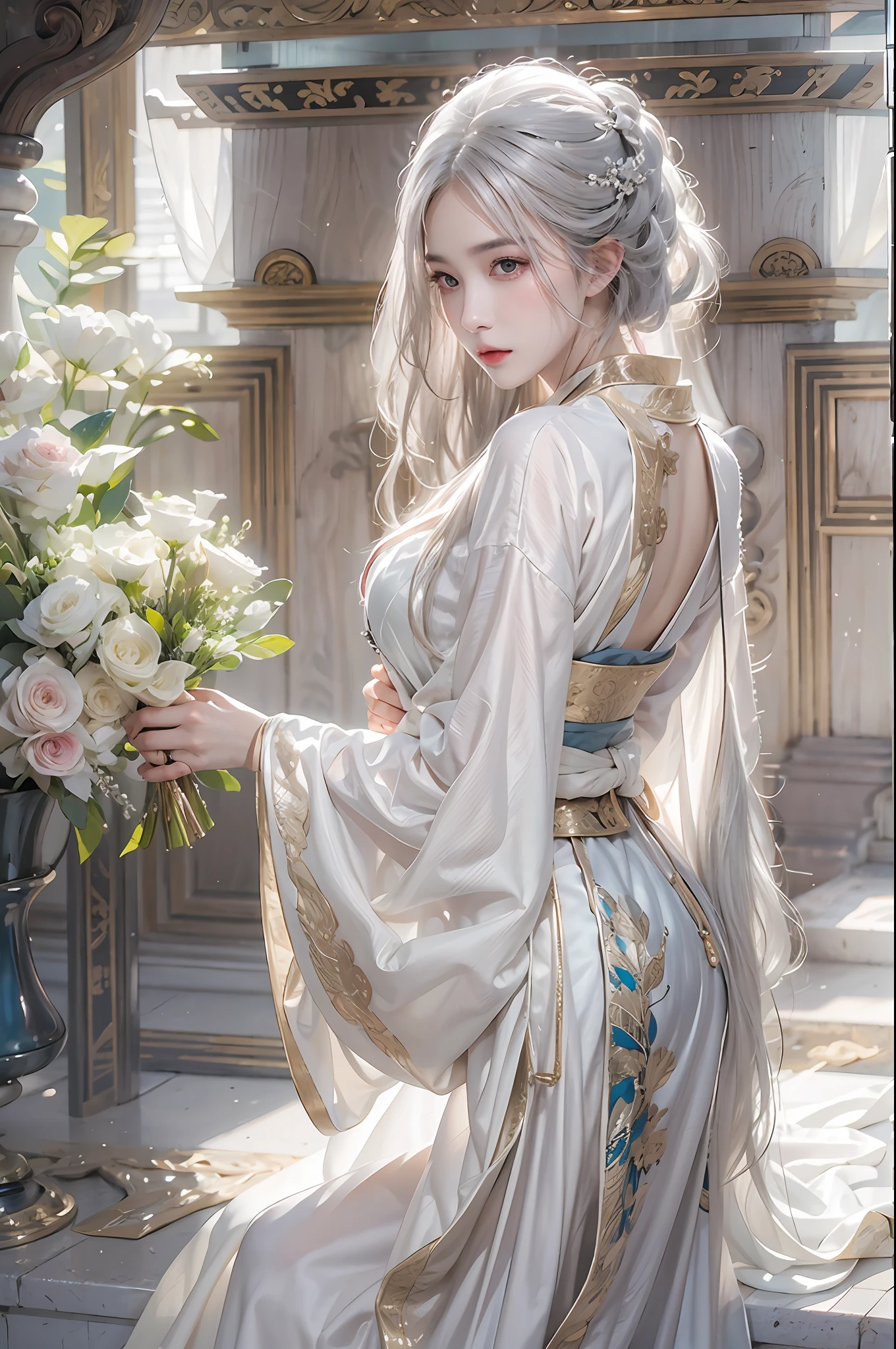 photorealistic, high resolution, soft lights, 1women, shiny skin, finely detailed skin, solo, hips up, look at viewer, (detailed face), white hair, long hair, wedding hanfu