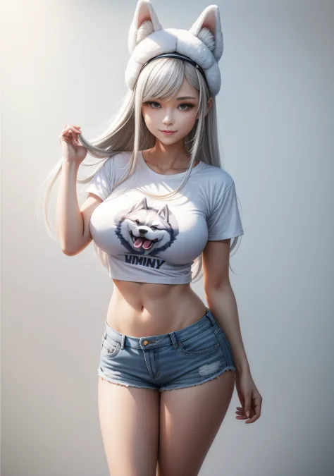 White gradient background，（in a panoramic view：1.2，full bodyesbian：1.2），1个Giant Breast Girl，anatomy correct，（denim short，Long re...