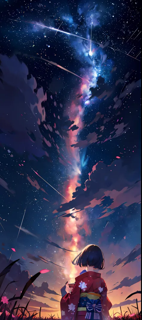 1girl, distant girl wearing a kimono staring at the stars, (zoomed out:1.1), (meteor shower:1.2), (comet:1.1), your name, low angle, from behind, arouras borealis, shooting star, yukata, red kimono, cherry blossoms, standing in a field,best quality, master...