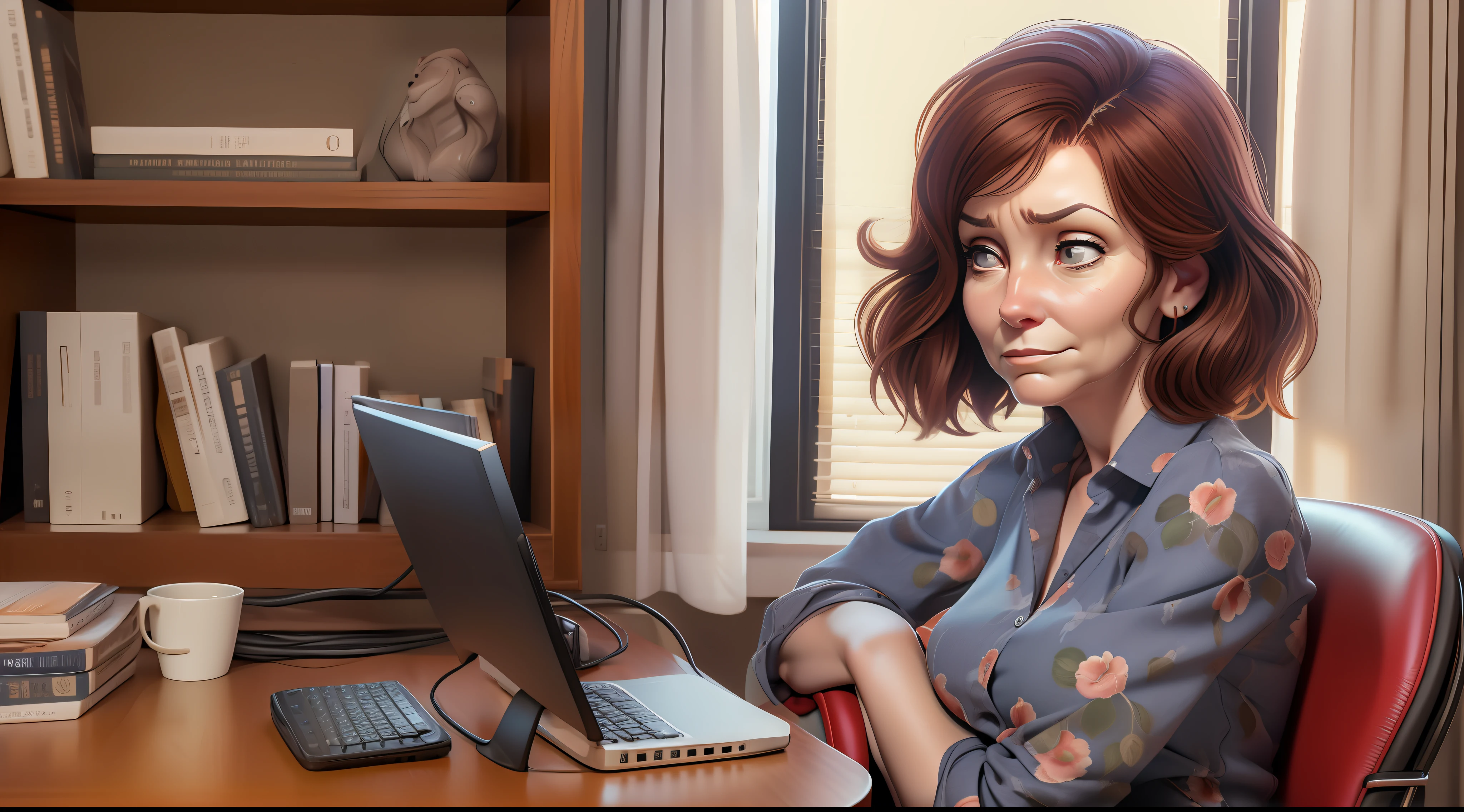 Cartoon of a woman sitting at a desk with a laptop computer - SeaArt AI