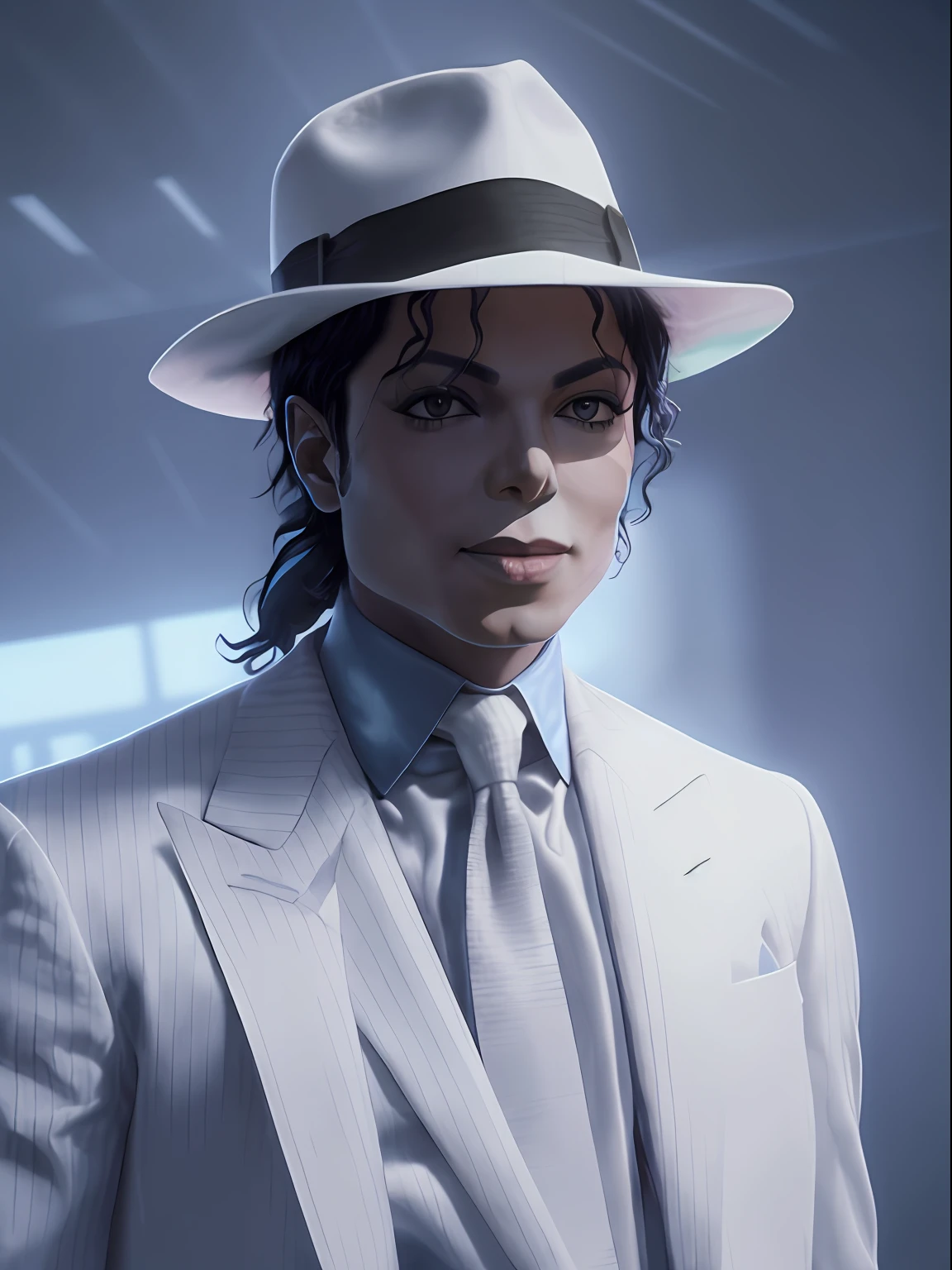 Close Portait de un hombre de Michael Jackson Smooth Criminal con un traje blanco, cinematic lighting, Detalles intrincados, very sharp, alta calidad, Professional Photography