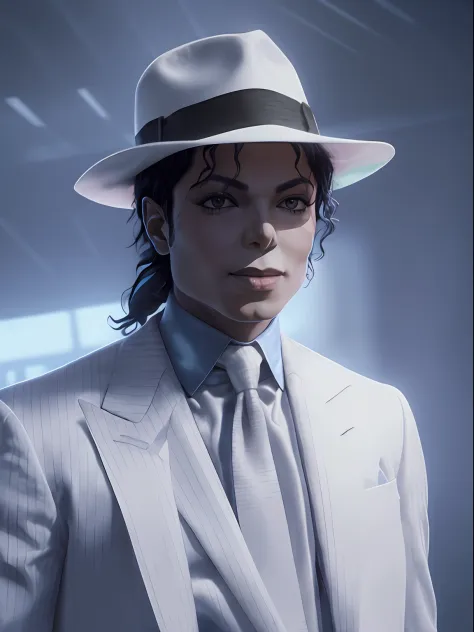 close portait de un hombre de michael jackson smooth criminal con un traje blanco, cinematic lighting, detalles intrincados, ver...