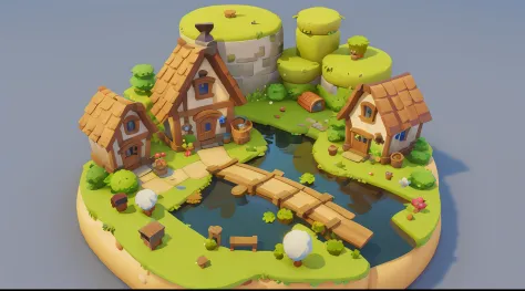 Game architecture design，Cartoony，Large farm，steins，ponds，small boats，grassy，farm house，Small rivers，borgar，the trees，Critters， casual game style， 3D， tmasterpiece， super detailing，Best quality at best