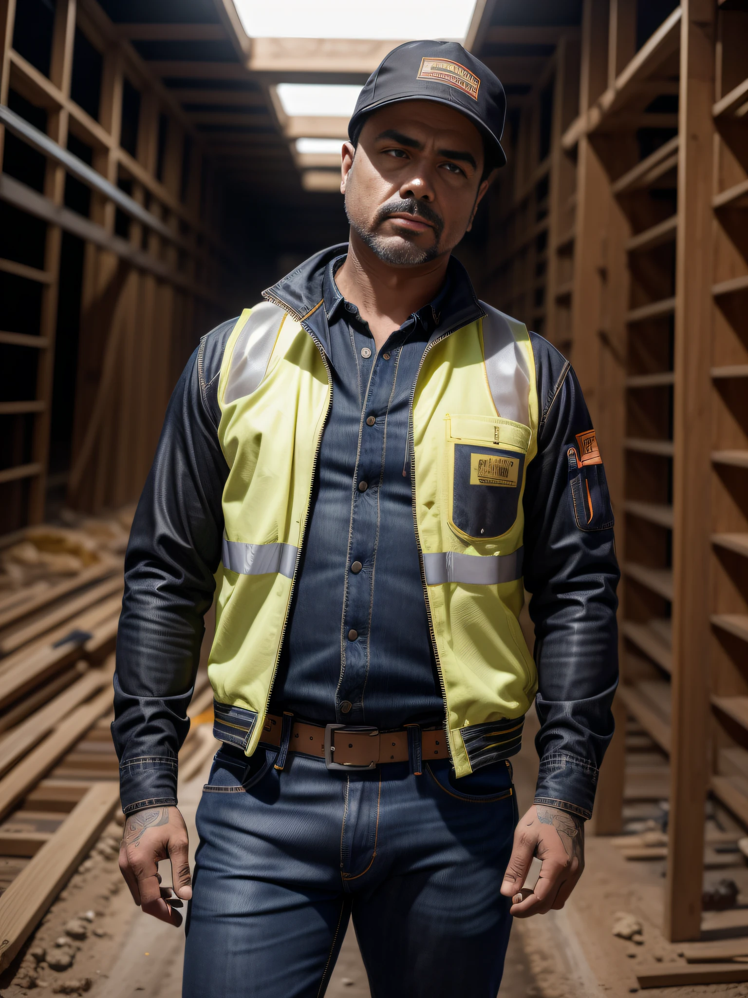 1homem, ((com traje, construction worker's jacket, calca jeans velha, sapato preto de borracha)), ((Autorretrato de corpo inteiro)), 8k UHD, DSLR, grain of film, pintura fotorrealista, arte midjourney, in a scenario of a construction corridor under construction, with sharp focus.