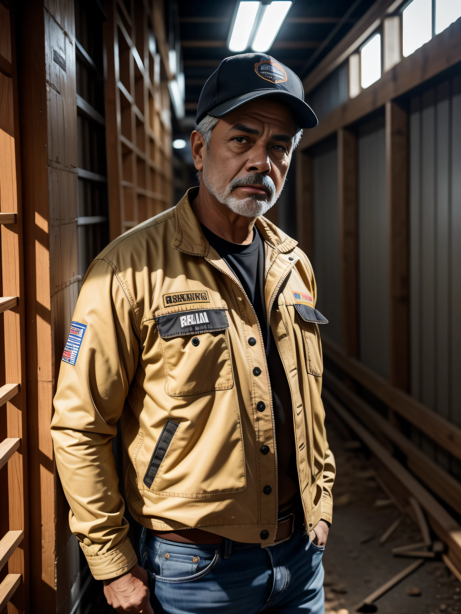 1homem, de 65 anos, ((com traje, construction worker's jacket, calca jeans velha, sapato preto de borracha)), ((Autorretrato de corpo inteiro)), 8k UHD, DSLR, grain of film, Pintura fotorrealista, Arte MidJourney, in a scenario of a construction corridor under construction, with sharp focus.