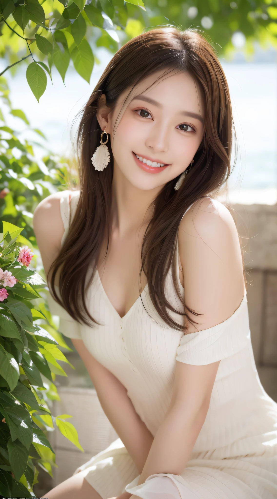 1 girl, hairpins, earrings, jewelry, brown hair, looking at the audience, lips, playful, sitting in front of the drawing board, painting, thighs, whole body, in a sea of flowers or on the beach, she is wearing a white long dress, slightly sideways face, hands caressing long hair, gentle eyes, smiling, as if admiring the beauty of nature, such a photo will definitely make people feel her beautiful and innocent atmosphere. The tone of the photo can be predominantly natural, biased towards bright and soft, making people feel warm and serene. It seems to be dancing in harmony with its surroundings. Her breath is full of vitality and vitality, as if her whole body is venting the energy of youth. The whole picture is made more vivid by her presence, making people feel endless joy and vitality.