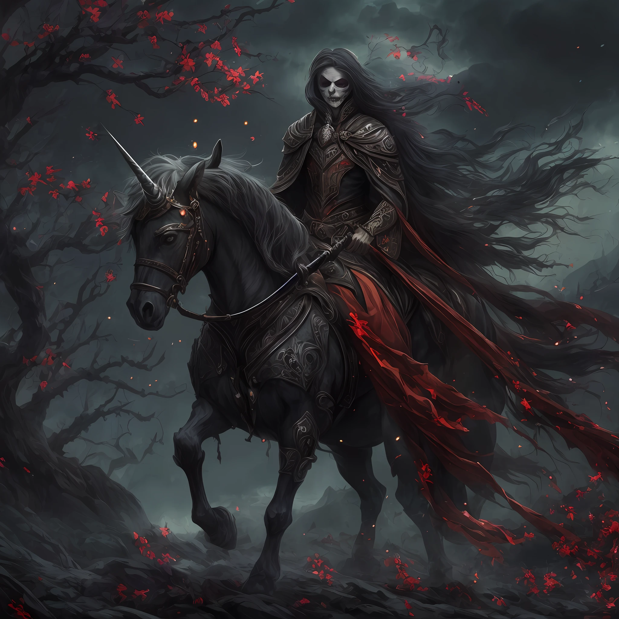 honed-undead riding a black unicorn, dark palette and flexographic Ink, dark paradise landscape background, have a ornament sword, light black and red reversible cloak, fluid -metal-lobe, layered bob hair, ashen hair, dark fantasy atmosphere, cinematic lighting, intricate dark fantasy texture, highest quality, high resolution, 8k, detailed and fine painting, topaz,diamond, ruby, brave and daring,