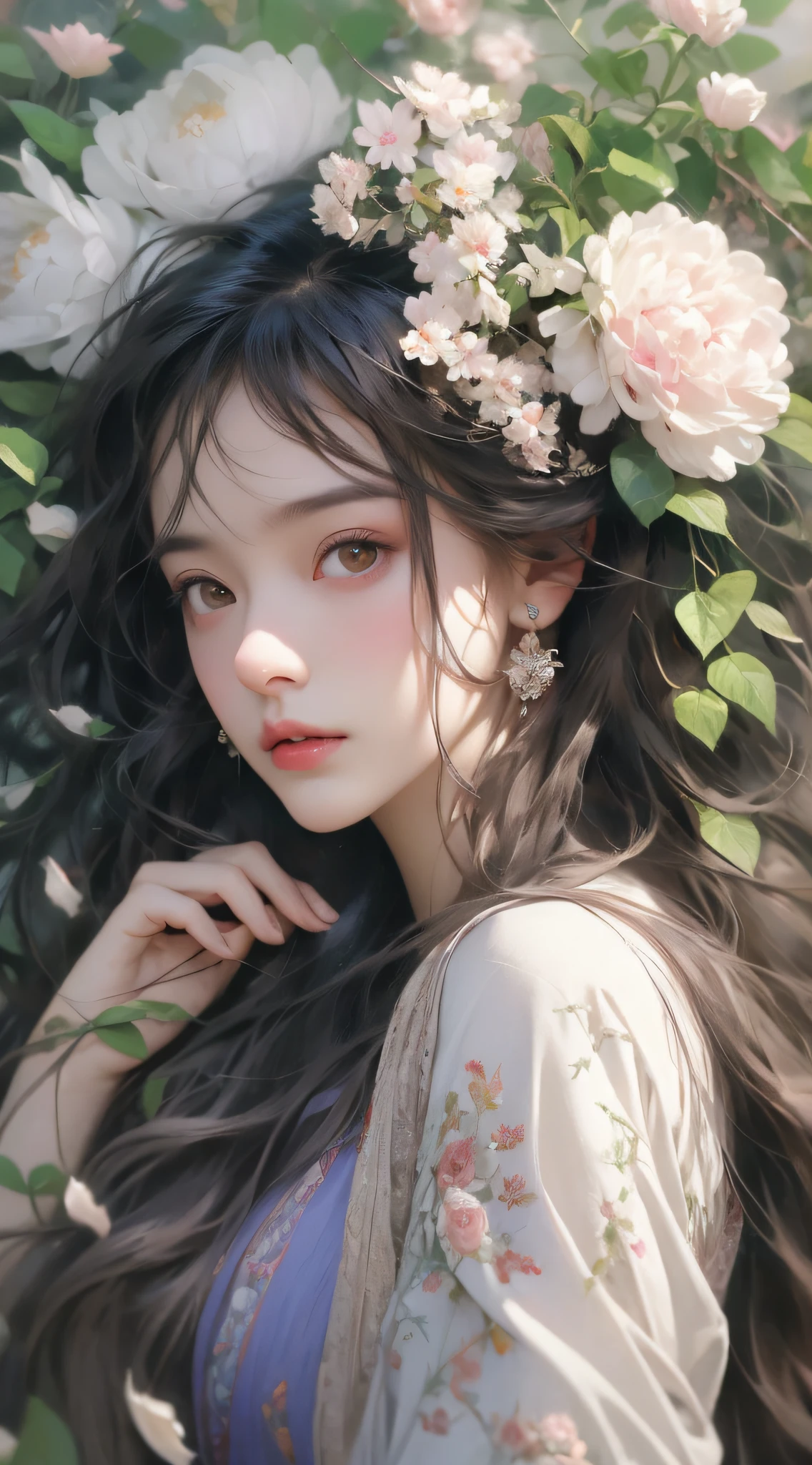 1 girl, upper body portrait close-up, black hair, flowing hair, hazy beauty, extremely beautiful facial features, purple embroidered dress, hairpin on head, lying in a flower bush, hands on the face, perfect anatomy, white flowers, (spring, rainy days, terraces, mountains), simple vector art, contemporary Chinese art, soft light, entangled scarf, looking down