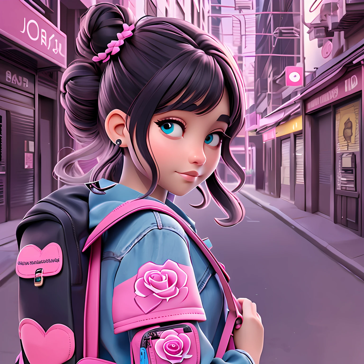 uma menina jovem, Your hair is stuck in a double bun, kalap, tom preto com mechas rosas, roupas leves, mochila, livros, corpo inteiro, The background is filled with a school theme, urbano.