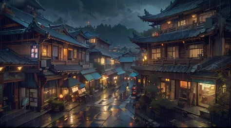 arafed view of a village with a lot of lights on the buildings, dreamy chinese town, amazing wallpaper, hyper realistic photo of...