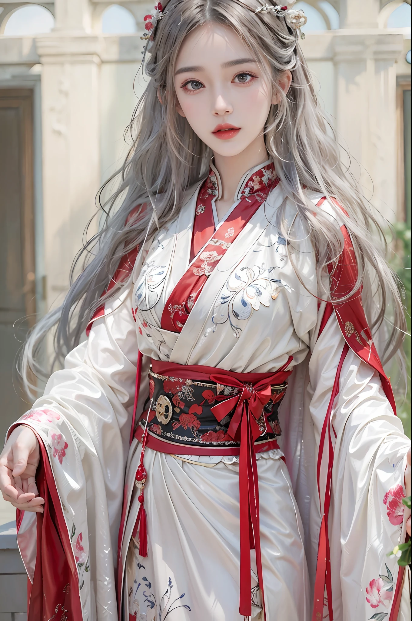 photorealistic, high resolution, soft lights, 1women, shiny skin, finely detailed skin, solo, hips up, look at viewer, (detailed face), white hair, long hair, red wedding hanfu, zshf