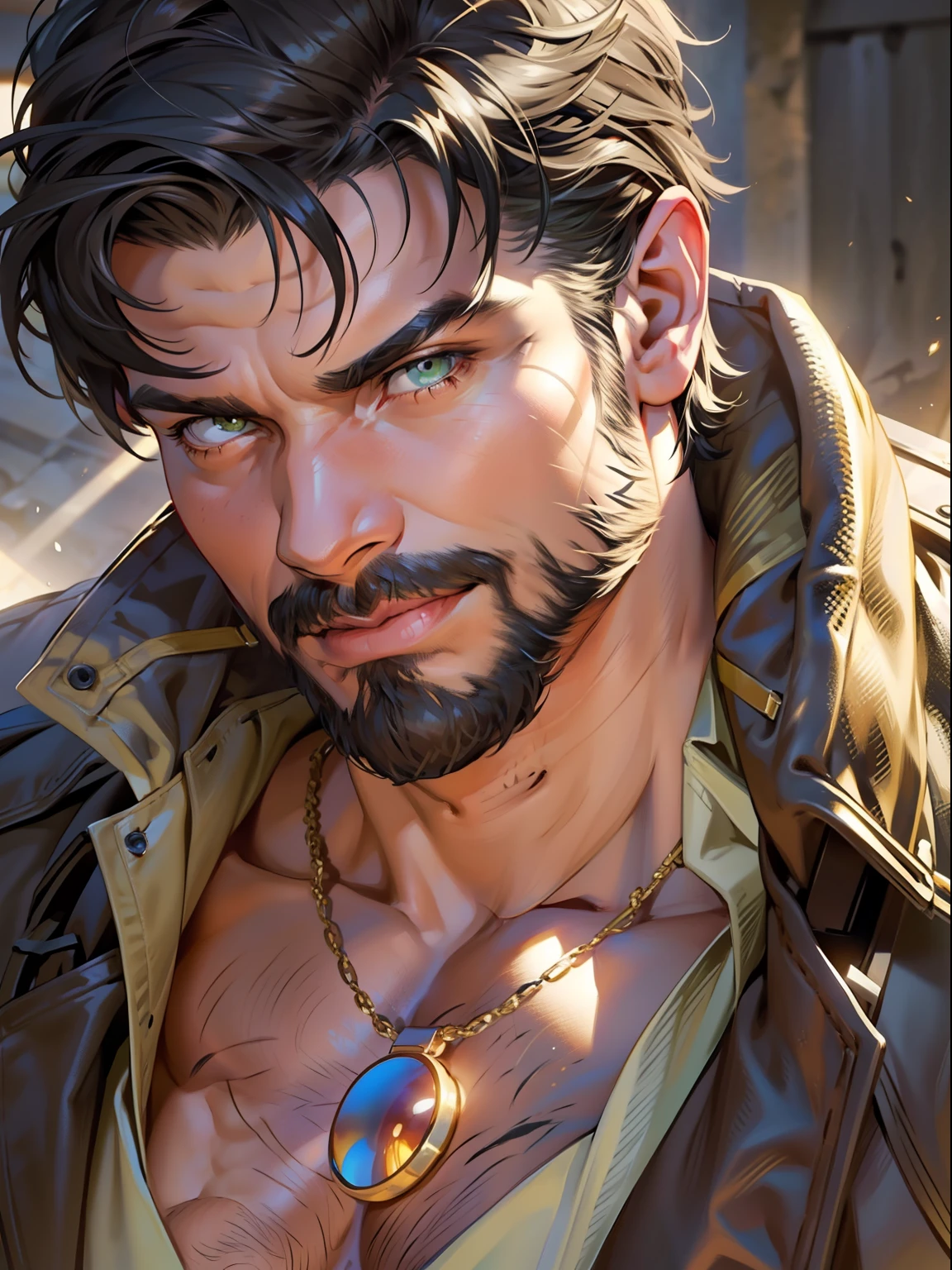 1 man, solo, bad boy, close up shot, a man snapping his fingers, white skin, shirtless, open chest, lots of black chest tattoo, stubble facial hair, muscular, hunk, short cut hair, black hair, smirks, turn head pose, hadesstyle, green fire, mythical fire, fantasy world, best quality:1.2, masterpiece, high resolution:1.2, big light yellow trench coat, gold necklace, high camera angle, shadow, volumetric lighting