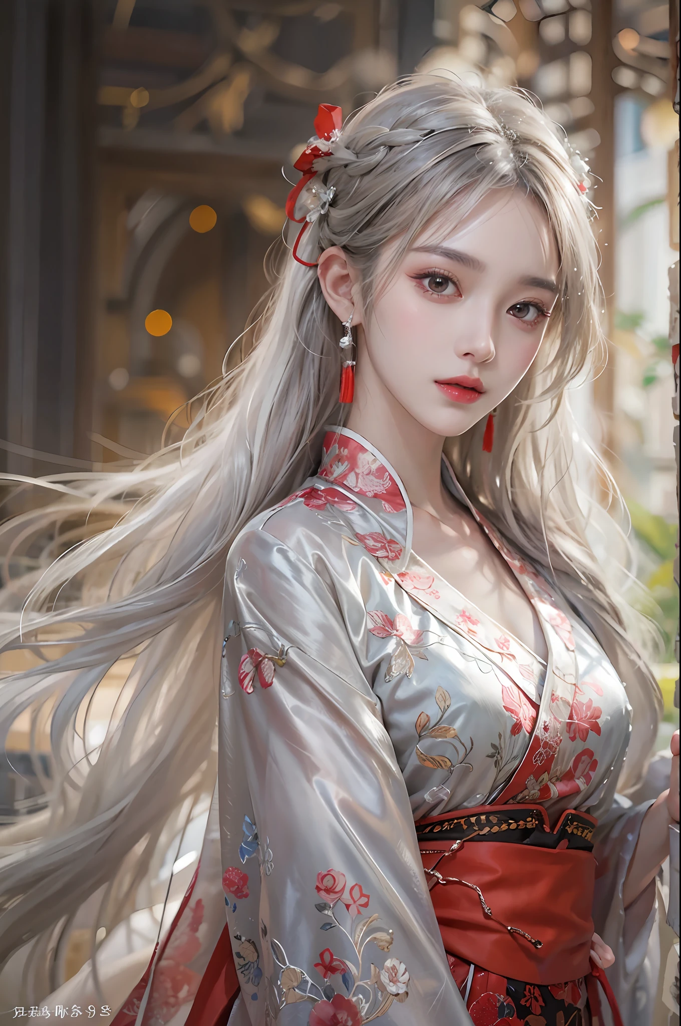 photorealistic, high resolution, soft lights, 1women, shiny skin, finely detailed skin, solo, hips up, look at viewer, (detailed face), white hair, long hair, red wedding hanfu, zshf