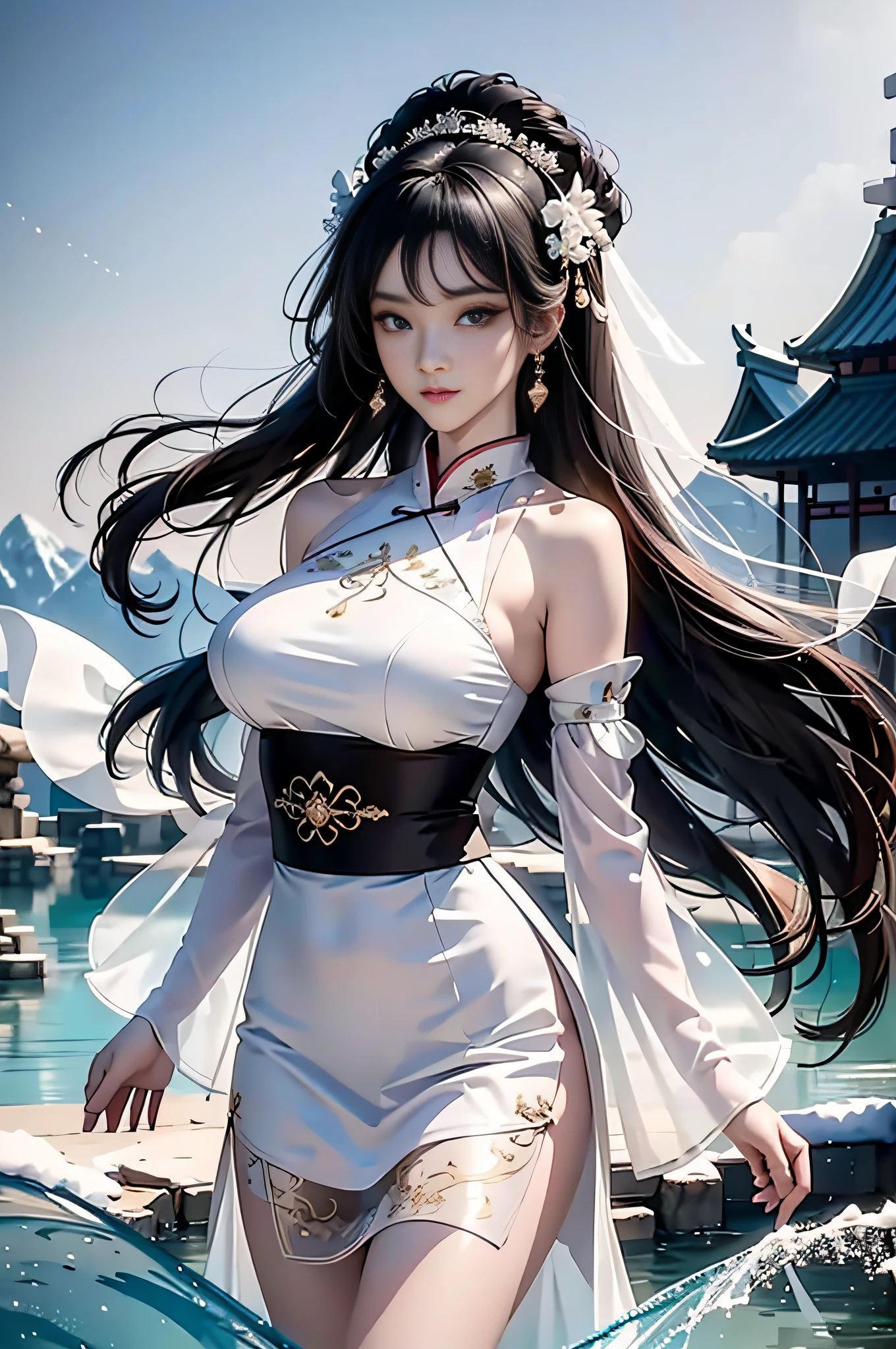 A stunning beauty，Beautiful atmosphere，Detailed facial depiction，Chinese-style coiled hair，Black hair，big bright eyes，Supple, fair, translucent skin，perfect body figure，Hanfu，White water-sleeved gauze dress，Transparent ribbon，White Hanfu embroidered bandeau，Fairy air fluttering，Light and flowy，National style，ancient wind，snow landscape，Front close-up